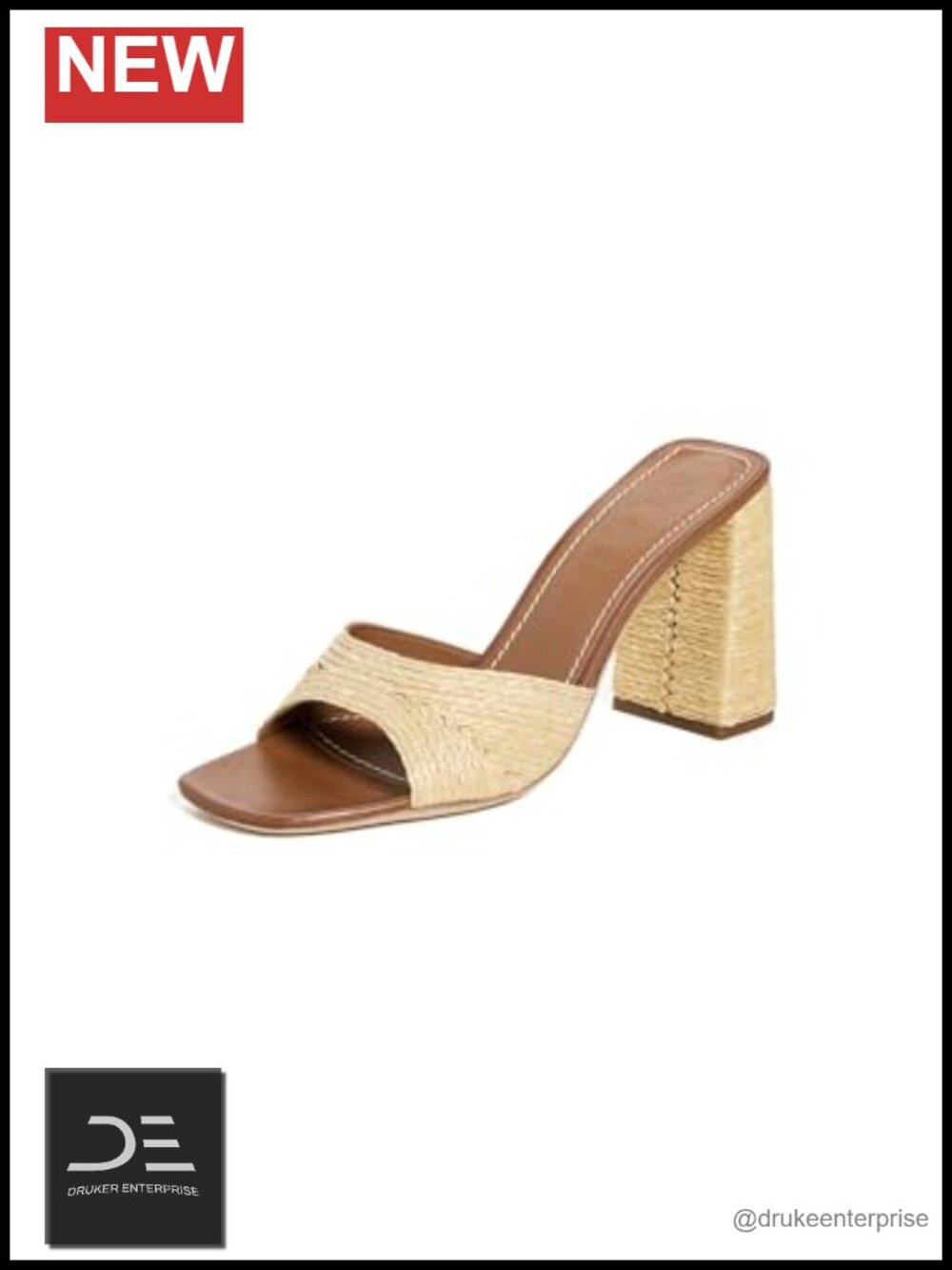 Natural Raffia Block Heel Slip On Sandals